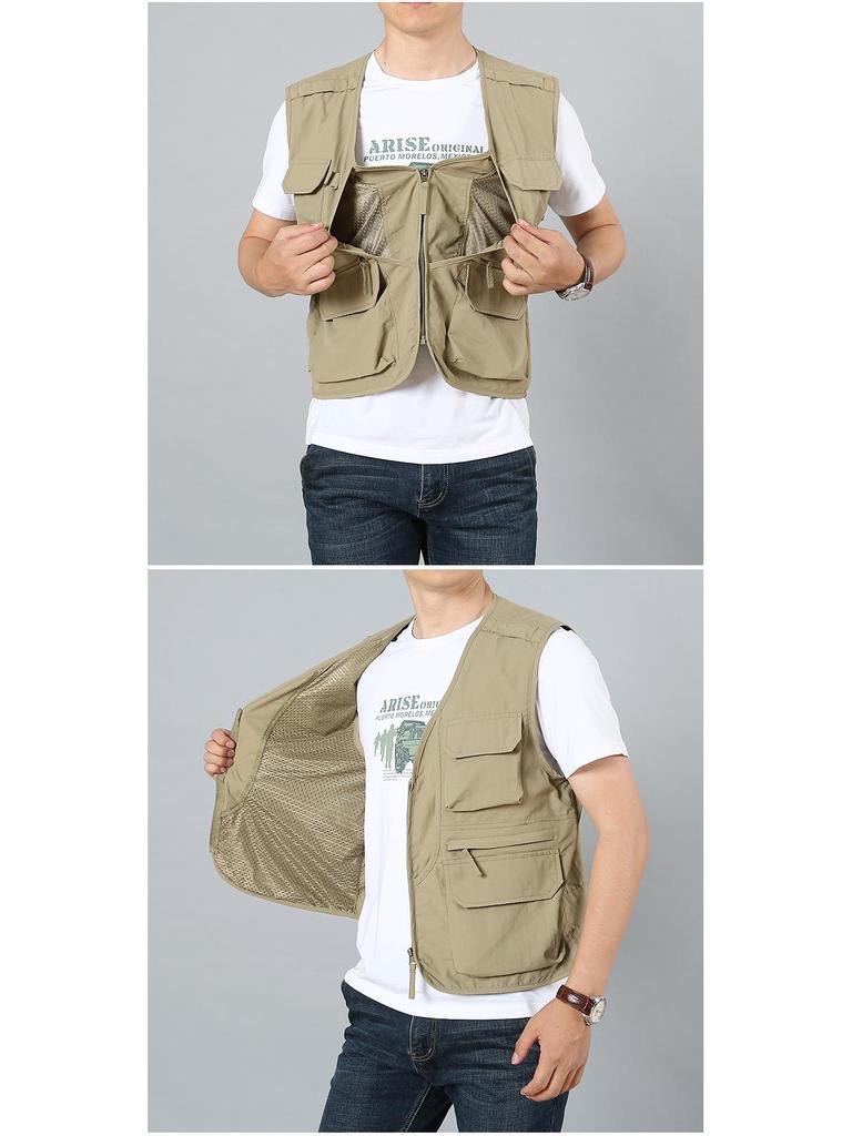 Men's Quick-Drying Multi-Pocket Vest for Outdoor, Plus Size, V-Neck, Perfect for Spring, Autumn, and Fishing