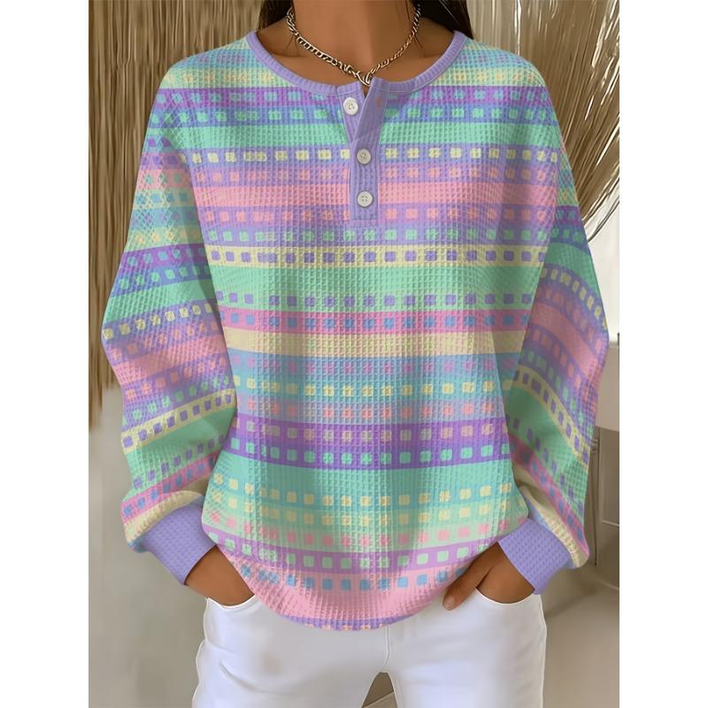 Women'S Waffle Henley Shirt, Macaron Multicolor Geometric Stripe Print Button-Up Long Sleeve Top