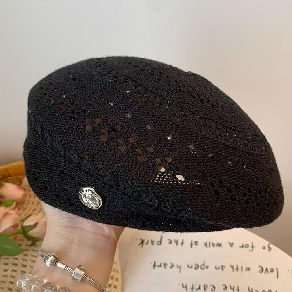 Korean Ins Hollow Knit Beret Hat Breathable Summer Lightweight Beanie Cap Versatile Thin Knitted Painter Caps Fashion Sun Hats