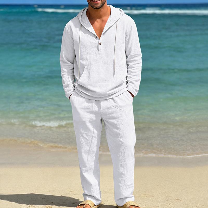 Plain-coloured men’s four-season linen casual loose-fit henley-style hooded long-sleeved cardigan and trousers set S белый
