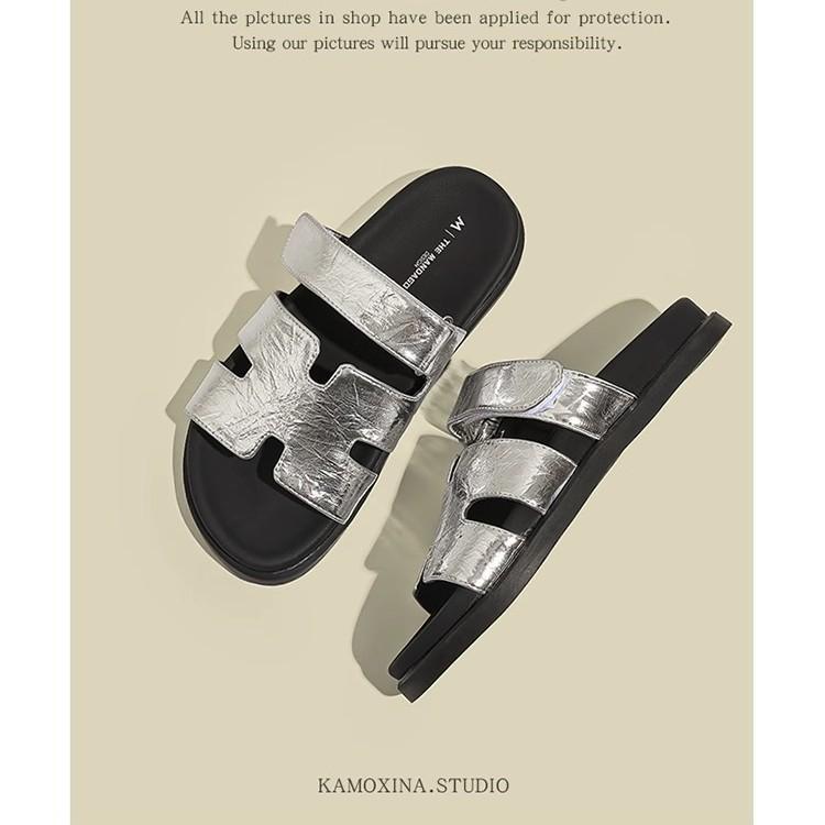 Evropská stanice kožené retro silné podrážky stříbrné suché zipy cool pantofle dámské ploché podrážky H druhý strýc pantofle ležérní plážové boty