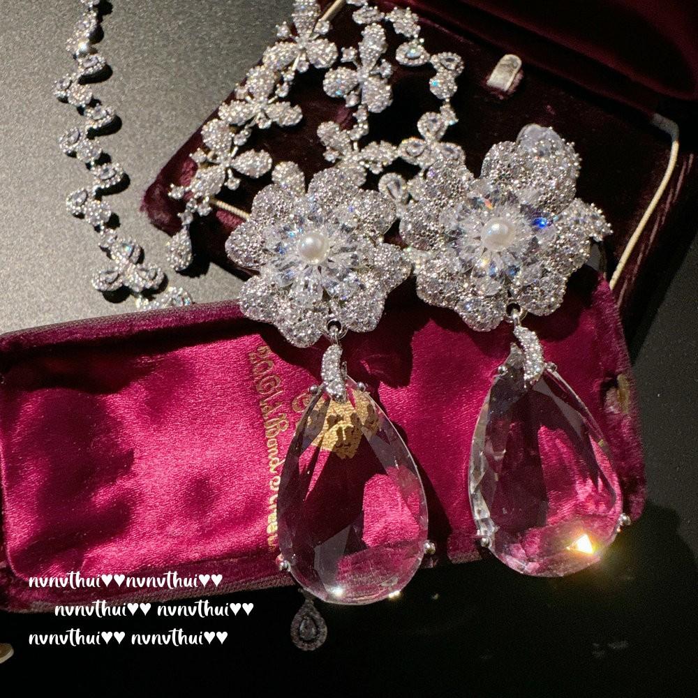 Palace Flower Gem Necklace Vintage Plated 18K Gold, Iris Drop Zircon Earrings