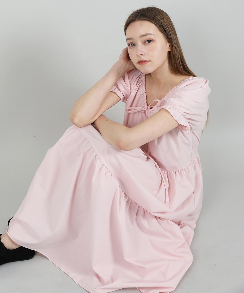 CATTLINE Romantic Shirred Long Dress (Pink)