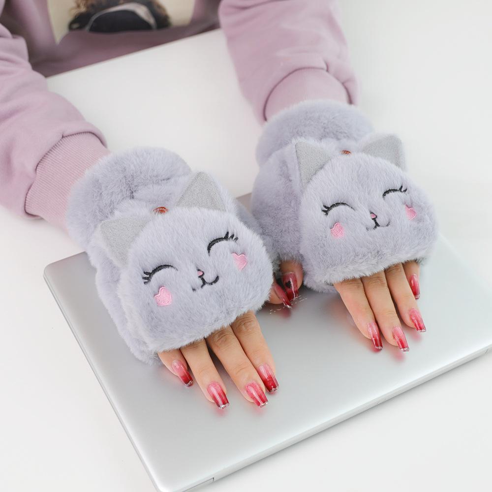 Cute Cat Fur Mittens Women Winter Gloves for Girls Animal Ear Flip Plush Glove Fingerless Thicken Warm Mittens