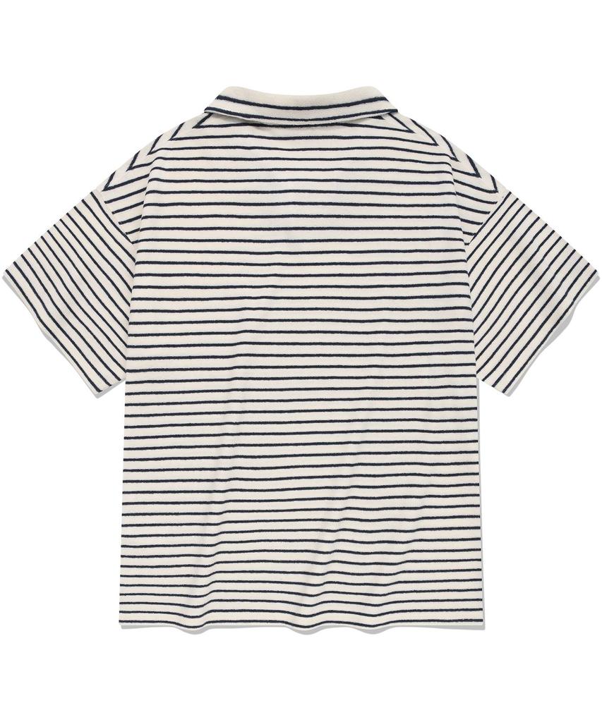 COVERNAT Terry Stripe Open Collar T-Shirt Navy