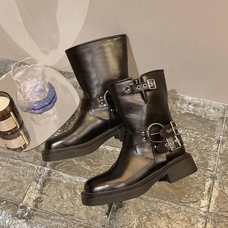 

Женские туфли на платформе, простые ковбойские сапоги в стиле ретро, квадратный нос, толстый каблук, мягкая подошва, удобные рыцарские байкерские сапоги 35