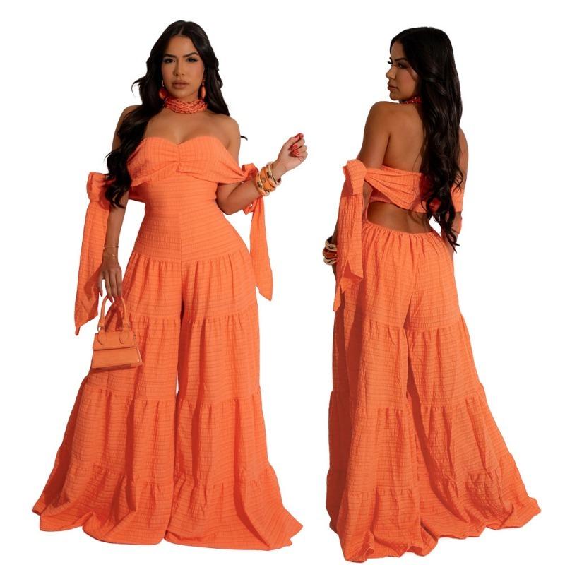 Women's One-line Shoulder-top Chest Solid Color Loose Wide-leg Jumpsuit for Women