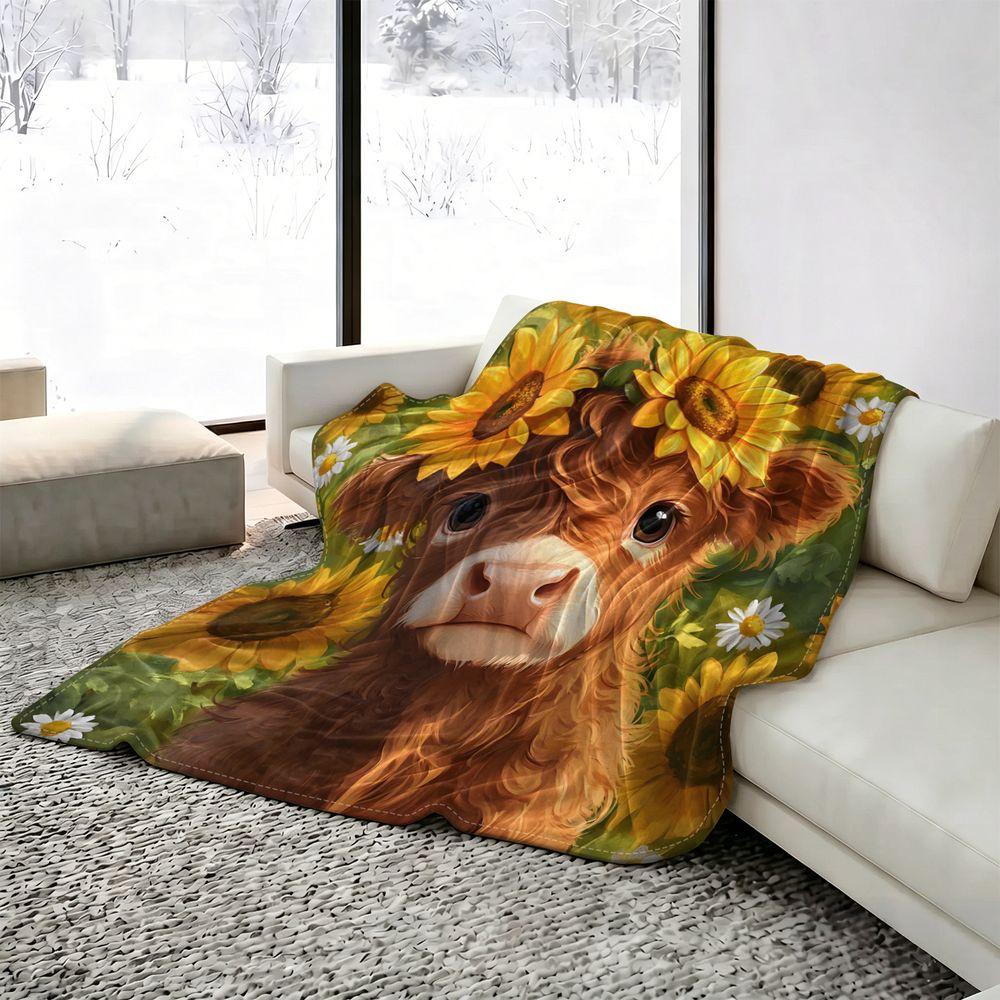 Sunflower Highland Cow Cooling Blanket Summer Cooling Throw Arc-Chill Cool Fiber Soft Lightweight Bedding for Hot Sleepers 100cmx150cm