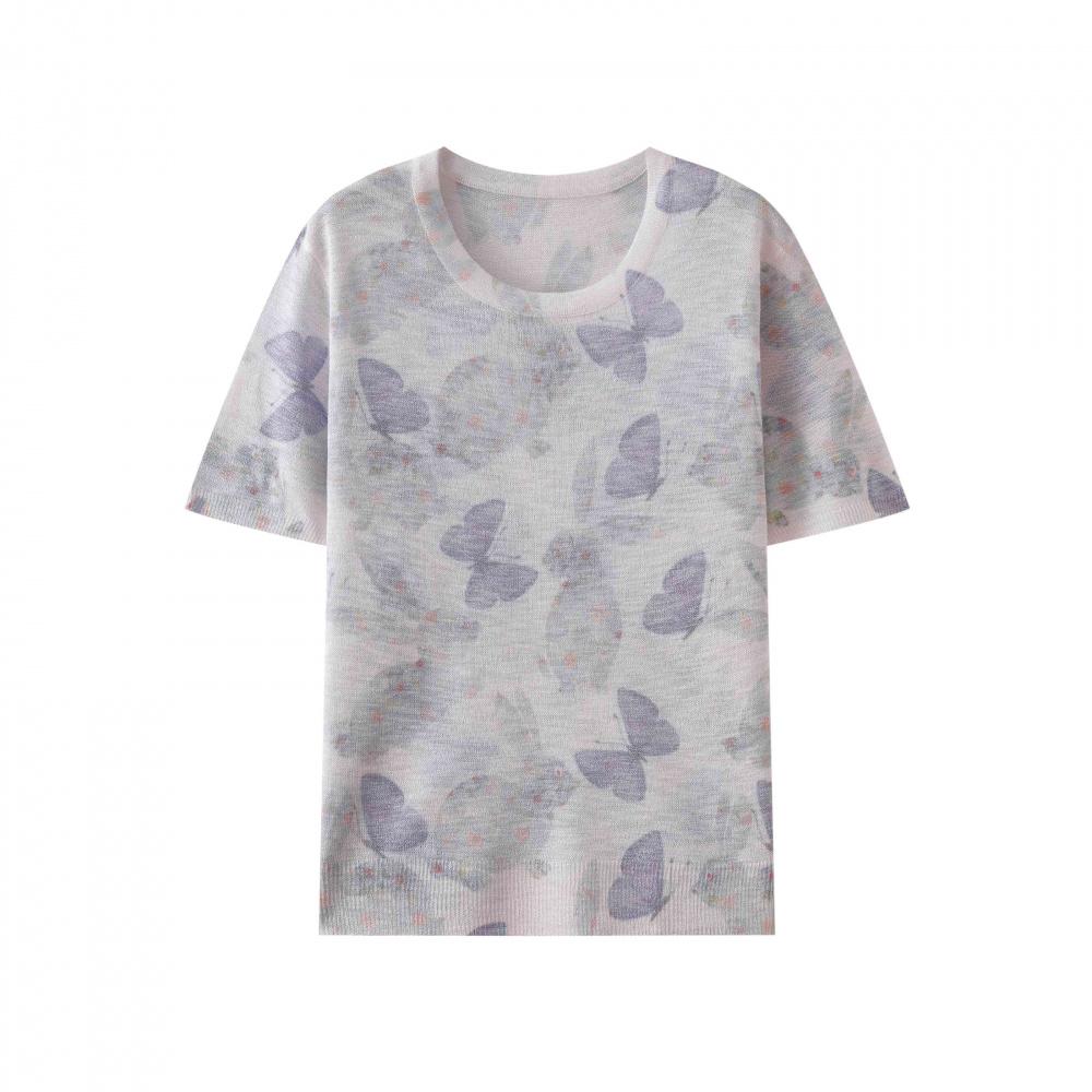 

Women Summer Short Sleeve Knitted Sweater V-Neck Lightweight Pullover Tops Elegant Floral Print UV Protection Knitwear S белый