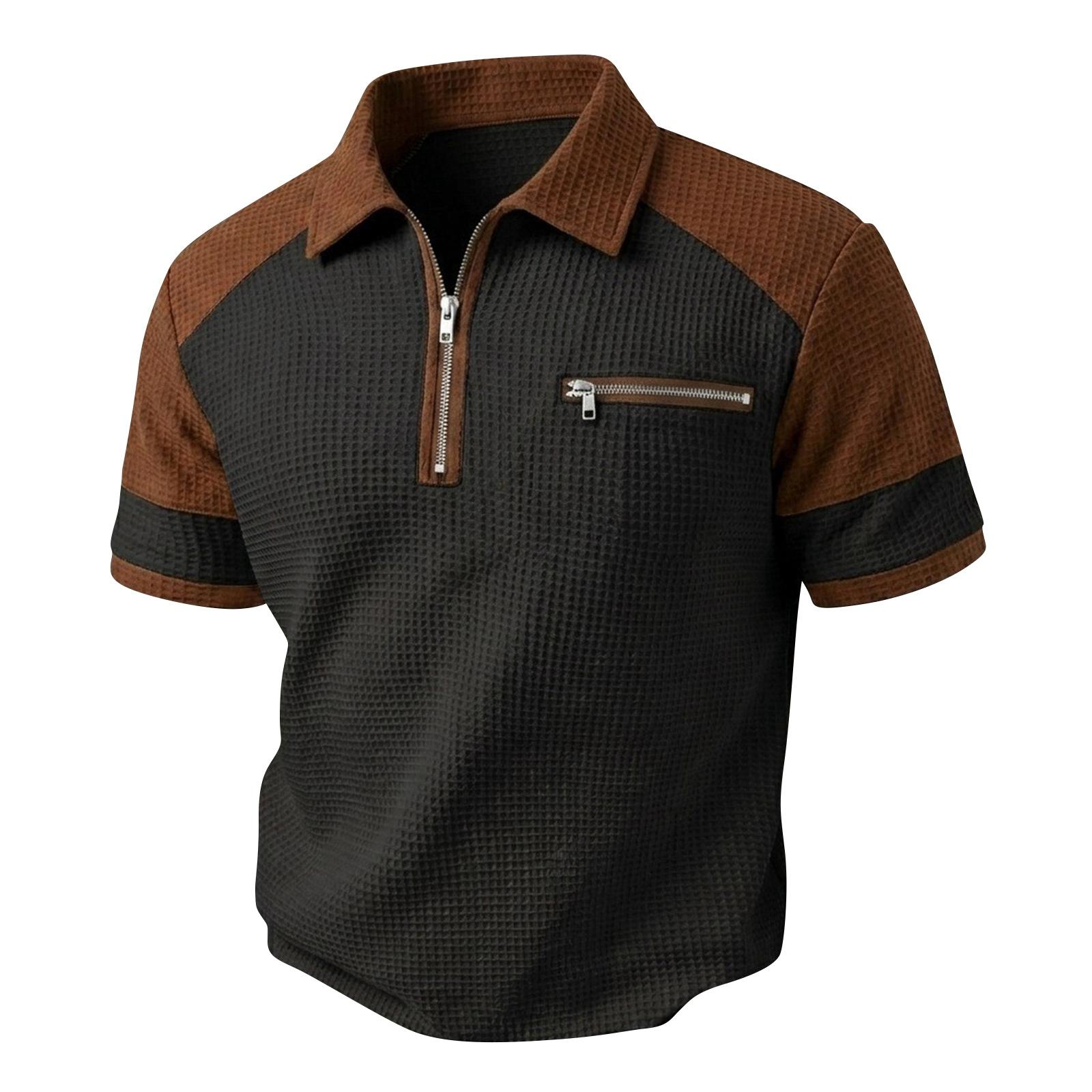 

Men’s Short Sleeve Knit Polo Shirt with Zip Front Chest Pocket and Panel Design L чёрный