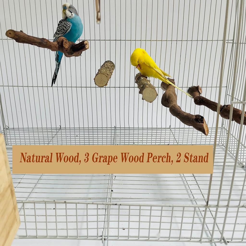 5PCS Bird Perch Stand Natural Wooden Parrot Stand Branch,3 Grape Wood Perch,2 Stand,Paw Grinding Fork Parakeet Chewing Stick Exercise Training