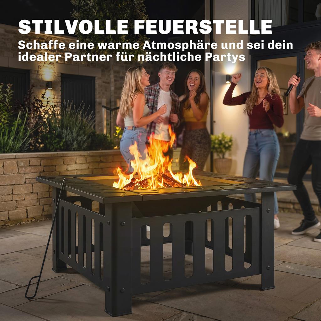 Fire Bowl made of Steel Fire Pit with Spark Guard Poker for Outdoor BBQ Camping 67x67x47cm Black