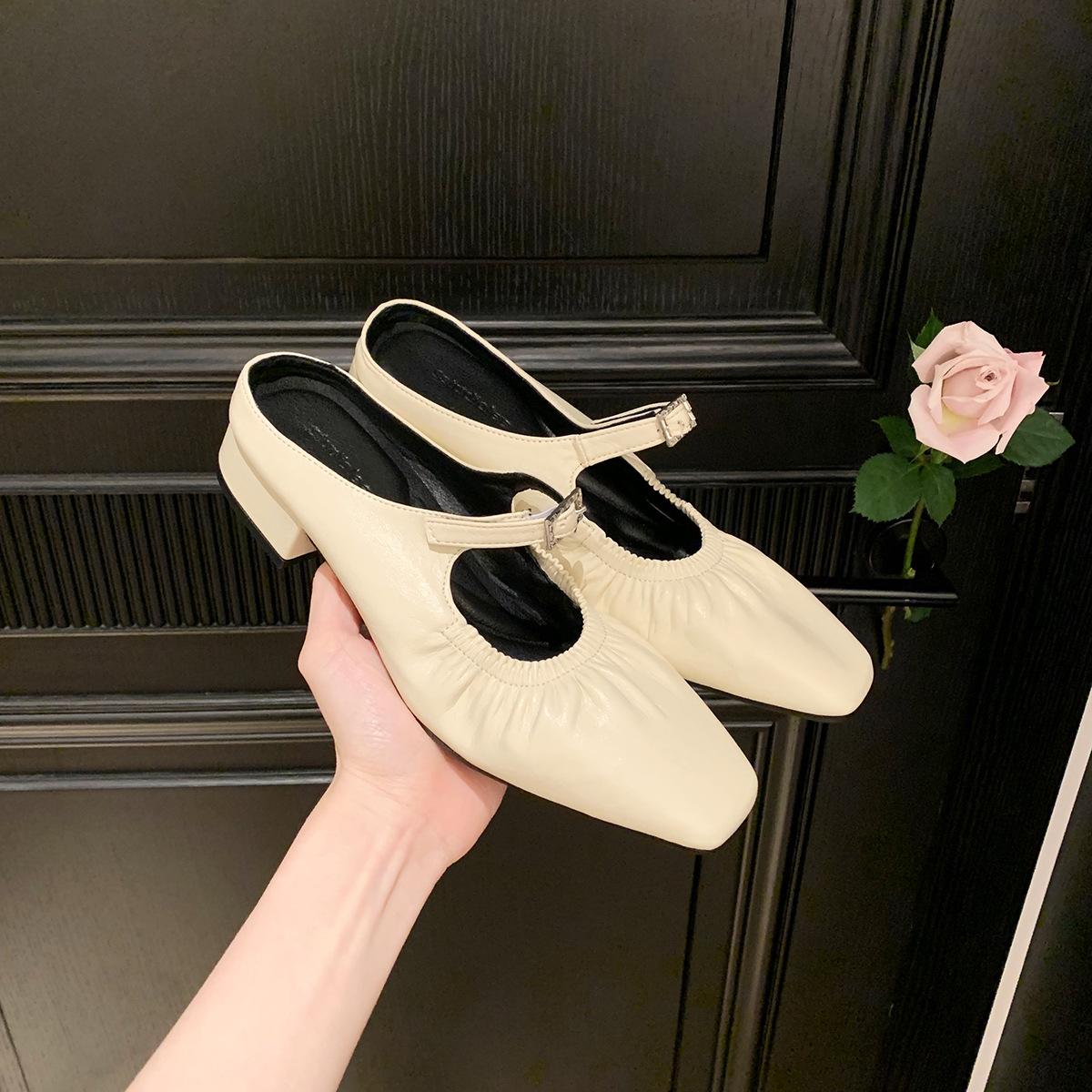 

Grape Mom Studiolee~ French Square Head Folds One Pedal Rhinestone Buckle Muller Single Shoes Half Tow High Heels 40