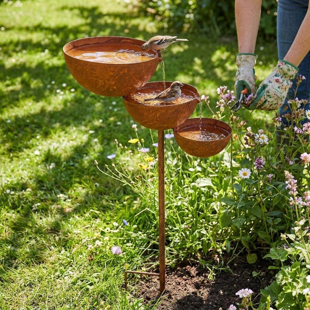 Vintage Iron 3-Tier Metal Bird Bath Ground Stakes Bird Water Dispenser Lawn Decor