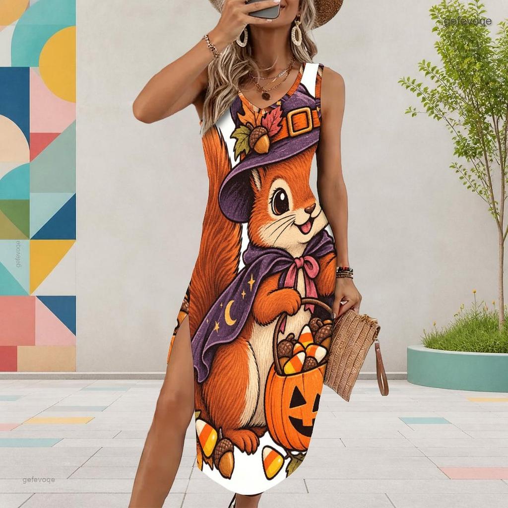 Women Plus Size U Neck Sleeveless Printed Long Tank Dress High Side Slit Curved Hem