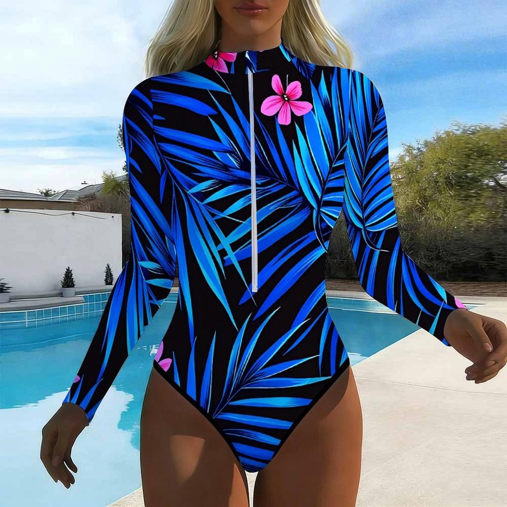 Women Long Sleeve One Piece Swimsuit Zip Front  Island Coconut Tree Print Rash Guard Surfing Bathing Suit