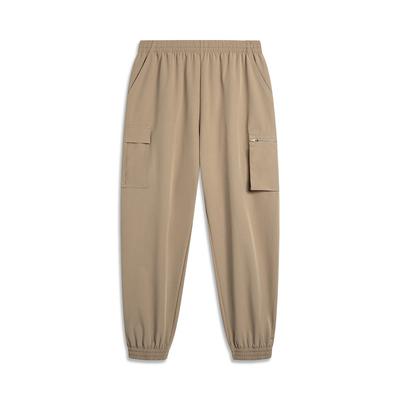 Li Ning Sports Lifestyle Series Solid Color Mid Waist Elastic Cuff Knitted Joggers Men Joggers Khaki AYKU181-4