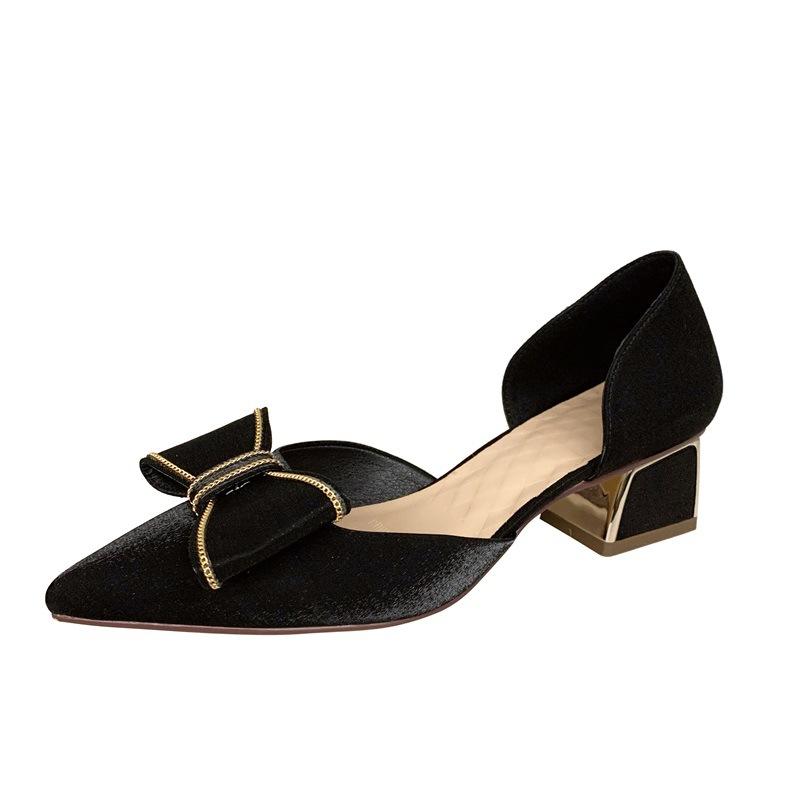 

2025 spring and summer new shallow single shoes Korean version bow fairy high heels pointed thick heel temperament professional women s shoes 34 чёрный