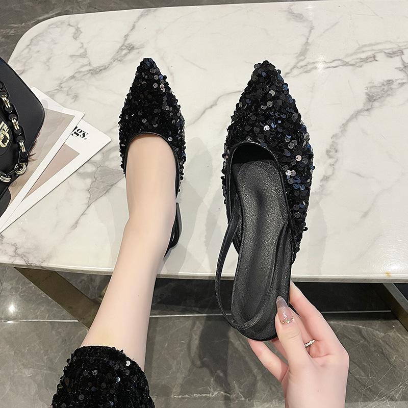 Glittering Fairy Style Evening and Night Sandals Summer New Sequin Pointed Toe Empty Flat Sandals for Women