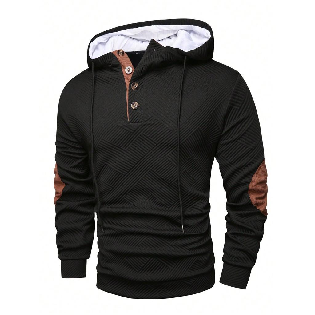Autumn and Winter Men's Solid Color Jacquard Hooded Sweatshirt, Loose Sports Casual Top, Jacket