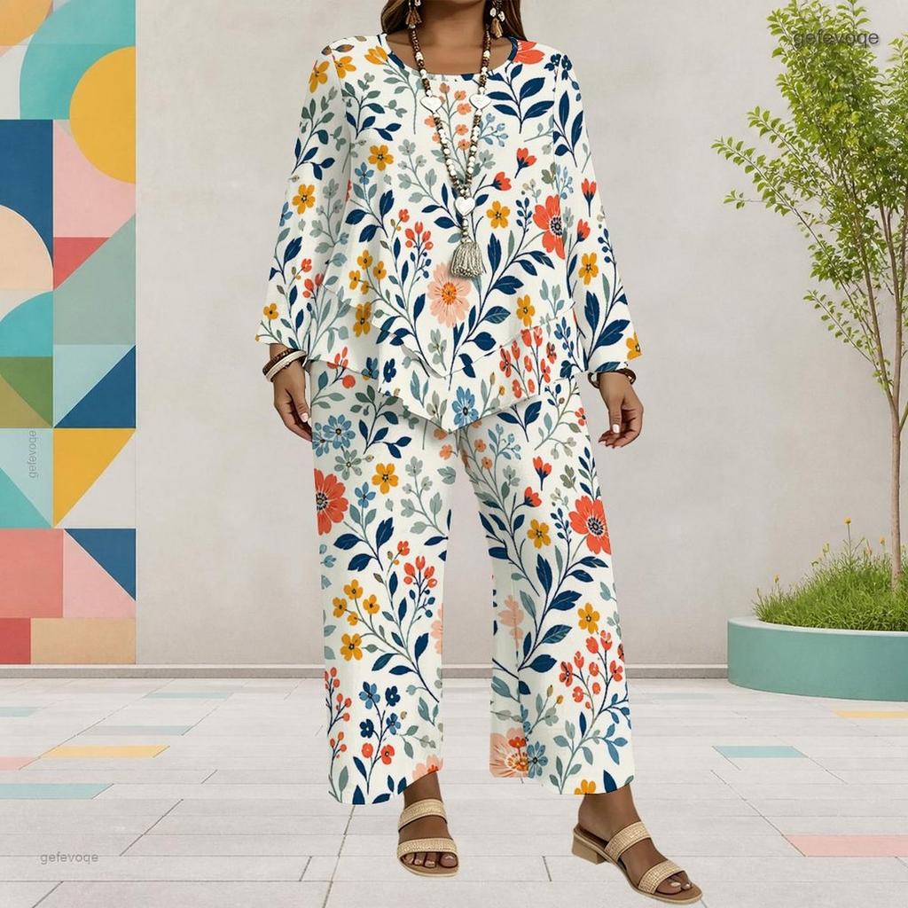 Women Plus Size Round Neck Long Sleeve Floral Printed Layered Top Wide Leg Cropped Pants Two Piece Set