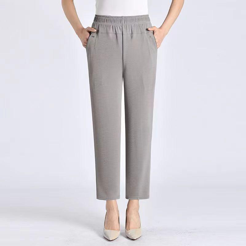 Women Summer Elastic High Waist Plus Size Casual Pants Middle-aged Elderly Straight Ninth Pants