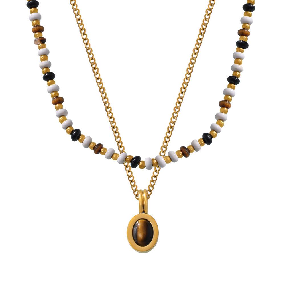 Double-Layered Tiger's Eye Beaded Necklace with Titanium Steel Clavicle Chain