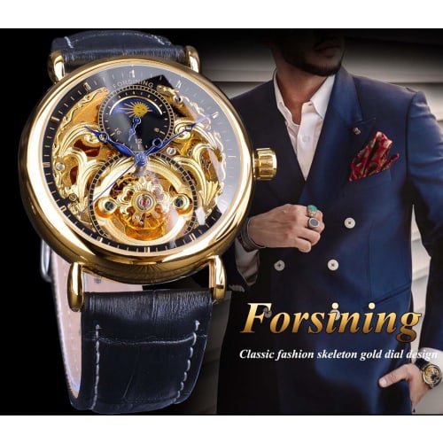 FORTINING Men's Automatic Analog Watch, Fashion Skeleton Tourbillon, Waterproof Moon Phase Leather Mechanical Watch (Black)