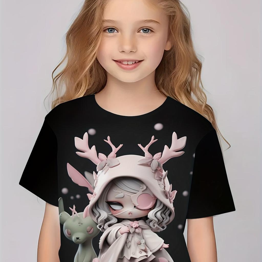 Sommer Rundhals 3D Cartoon Aufdruck Oberteil Modisch Lässig Kurzarm Kinder Mädchen T-Shirts