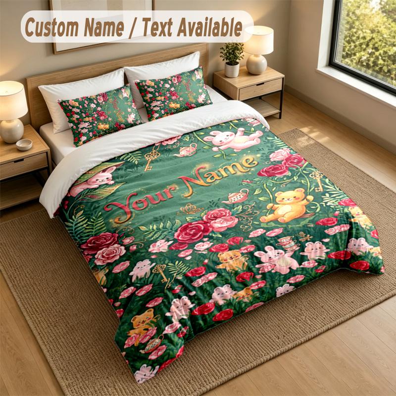 Bear Panda Theme Personalized 3Pcs Bedding Set Custom Text & Name 1 Sheet 2 Pillowcases Household Bedding 1pc