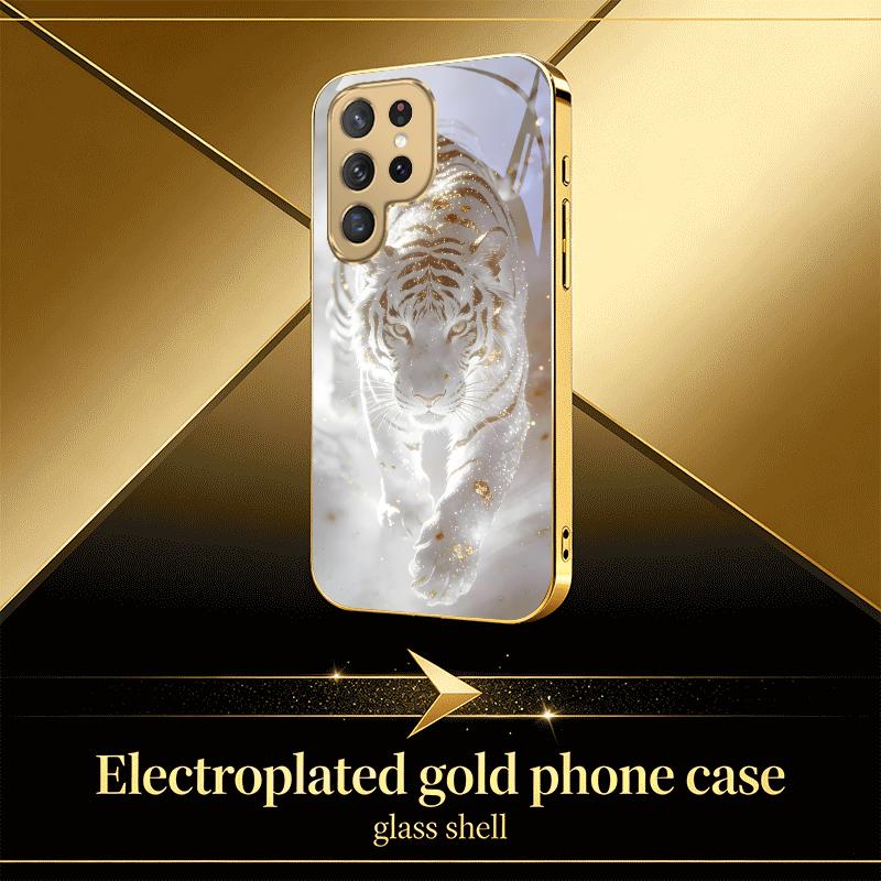 Snowy Land Golden Tiger For Samsung S25 Ultra S21 S22 FE S23 Plus S24 S20 S26 Note 10 20 Golden Glass Electroplated Phone Case