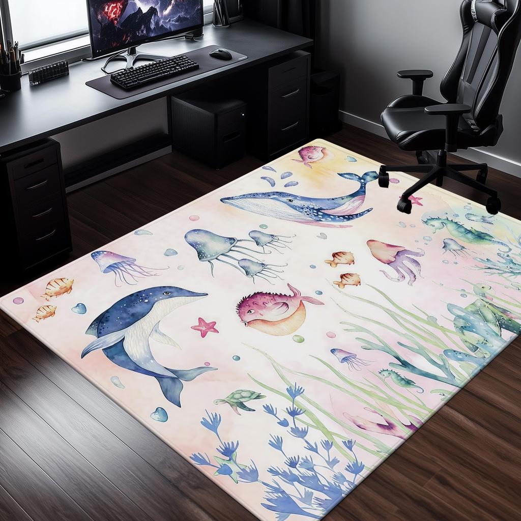 Underwater Ocean Life Watercolor Rug Crystal Velvet Carpet Sea Creatures Whale Jellyfish Dolphin Floor Mat Kids Room Decor Soft