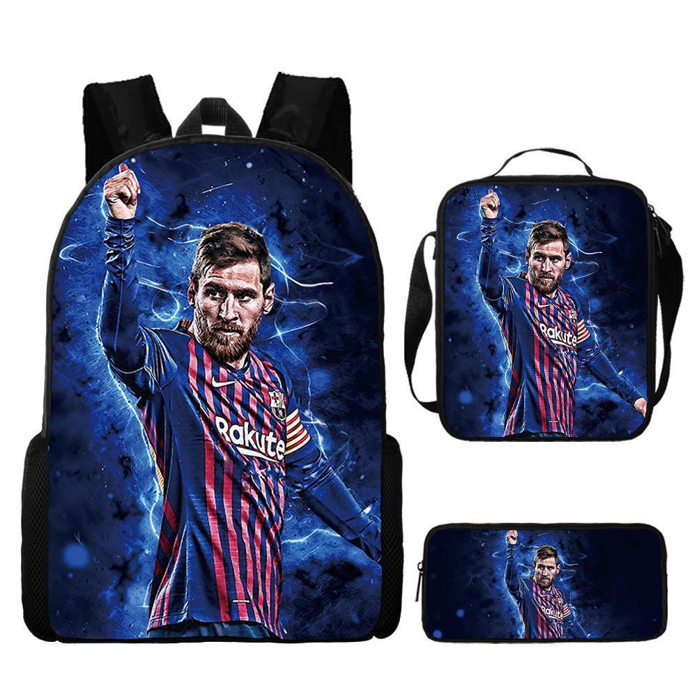 Sac à dos scolaire imprimé Messi pour étudiant Sac à dos Satchel C Luo pour Neymar Ensemble trois pièces