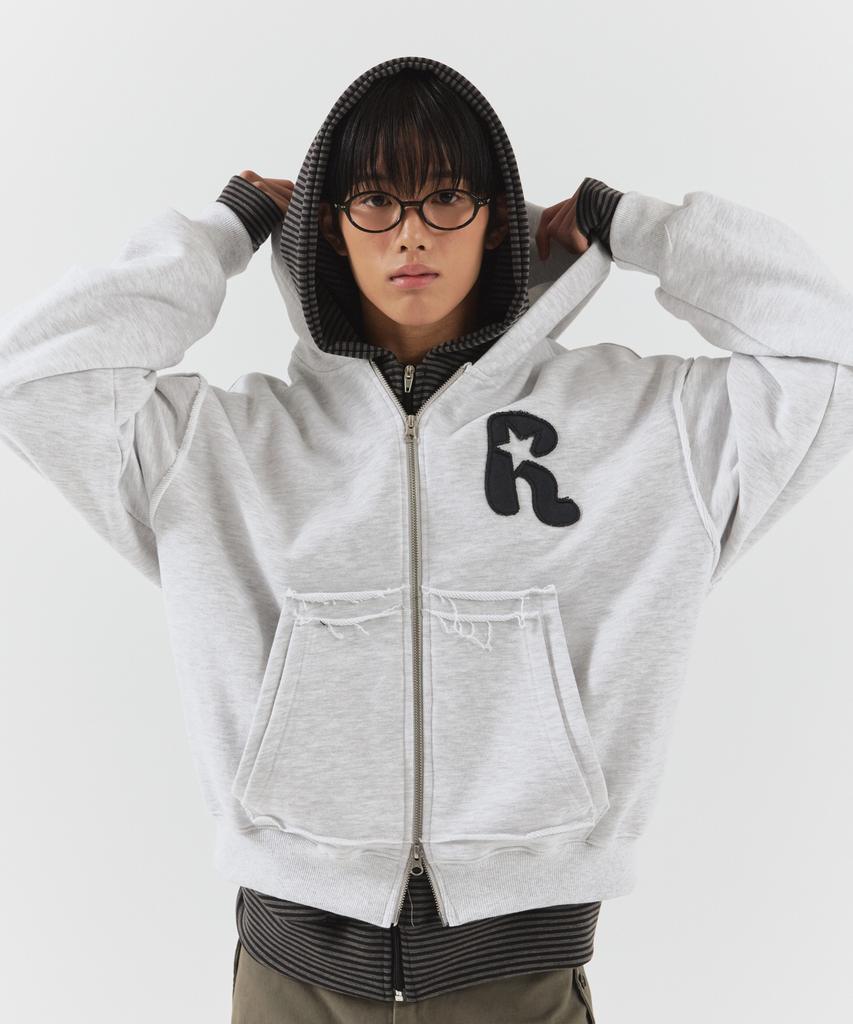 Parakeet Cutoff Applique Zip-Up Hoodie (Melange Gray)