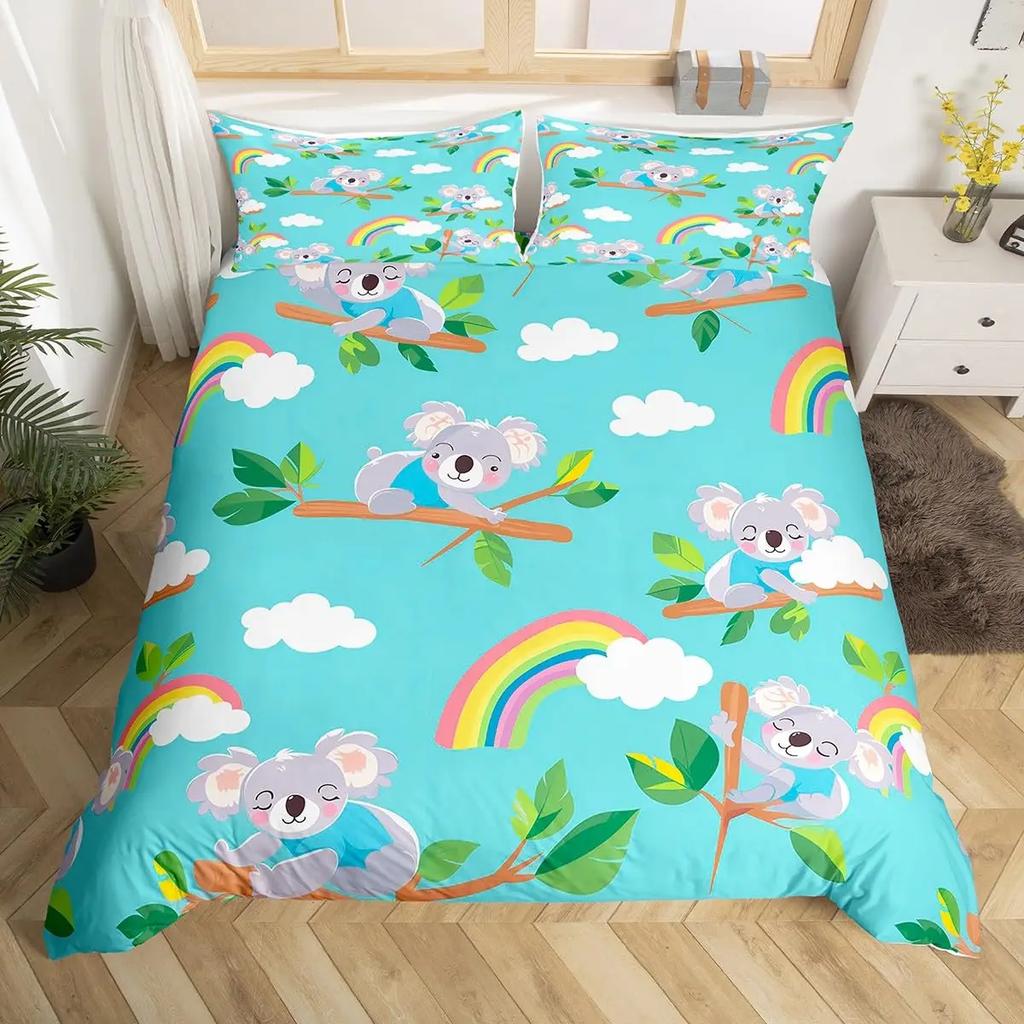 Urocza Poszwa na Kołdrę Koala Rozmiar Twin, Różowy Zestaw Pościeli z Balonem na Gorące Powietrze, Akwarelowy Kwiatowy Zwierzęcy Pokrowiec na Kołdrę, Kreskówkowy Pokrowiec na Kołdrę