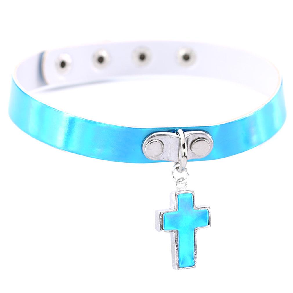 Cross Laser Glow Choker, Gothic Cross Luminous Short Leather Clavicle Necklace