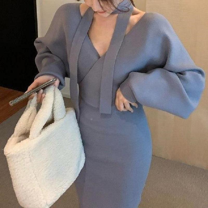 European and American sexy style autumn and winter hip-wrapped tight split-ended long dress off-the-shoulder crossed V-neck lace-up waist knitted dres