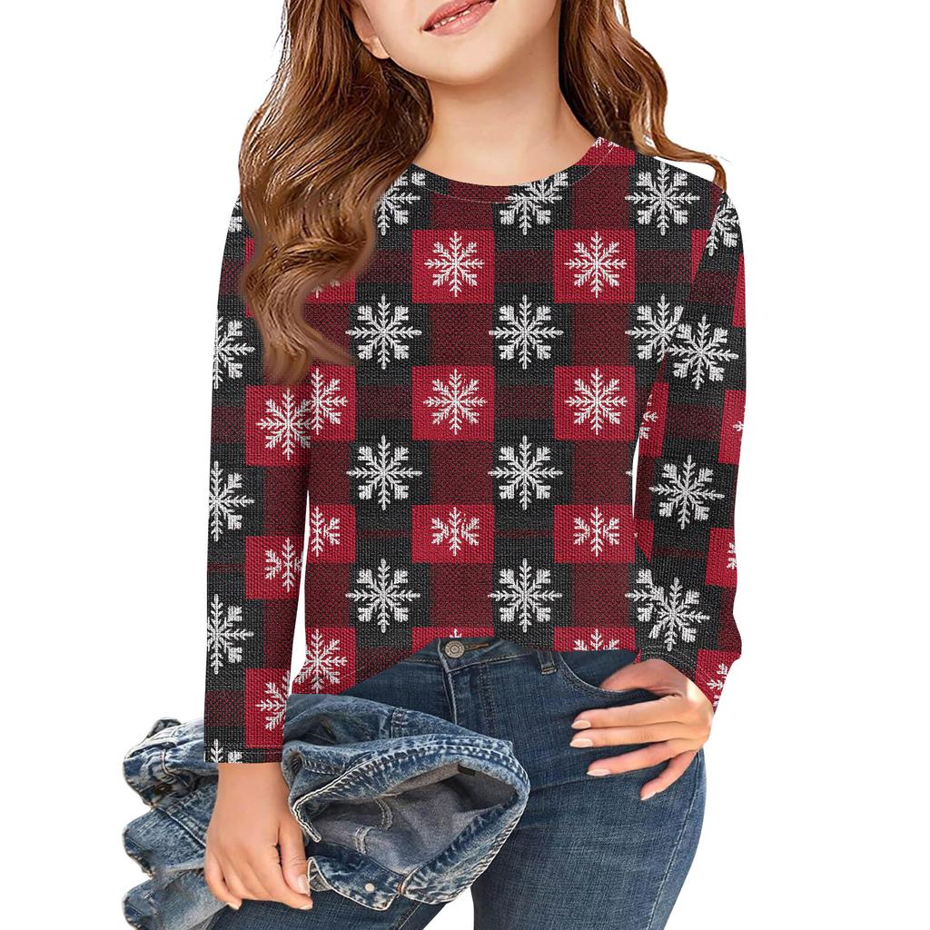 Weihnachtstag Mädchen Langarm T-Shirts Kinder Herbst Oberteile Rundhalsausschnitt Bedruckte Basic T-Shirts