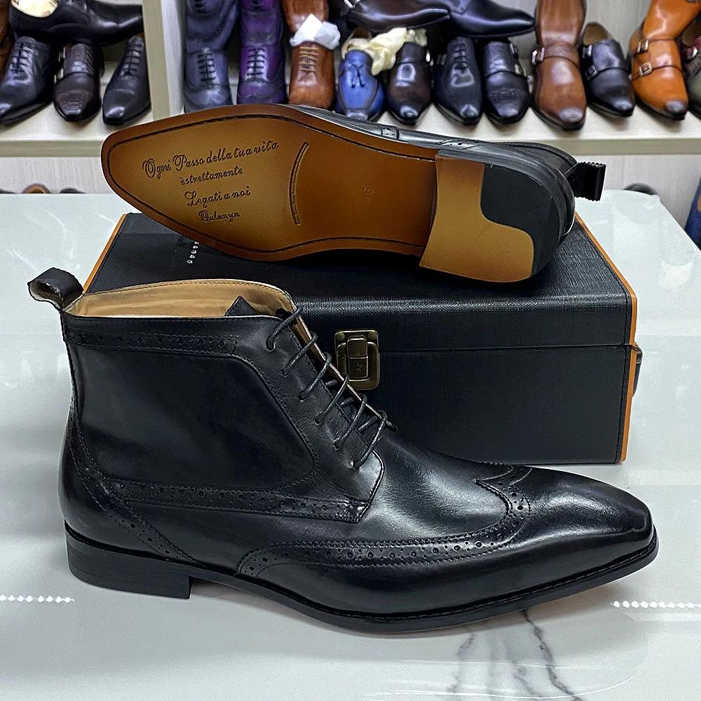 Fashion Men's Classic Calfskin Real Leather Cowboy Boots Lace-Up Wingtip Pointed Toe High Cut Formal Derby Shoes