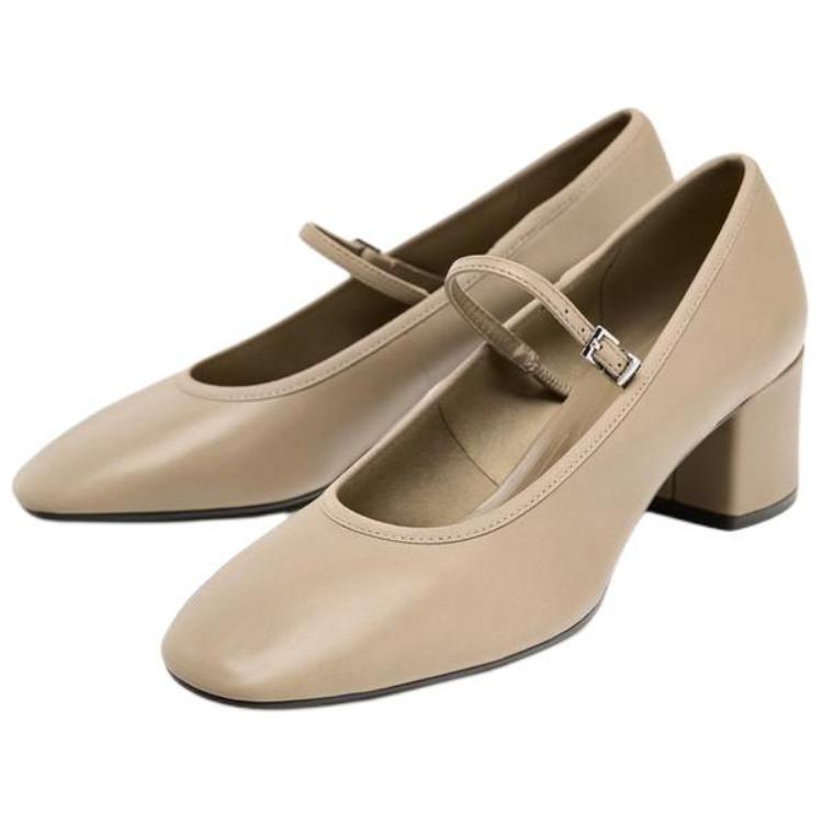 Zara Lambskin Lightweight Elegant Artistic Casual High Heels 5.5cm Leather Strap Chunky Mary Jane Shoes Women shoes Light-Beige 12238510002