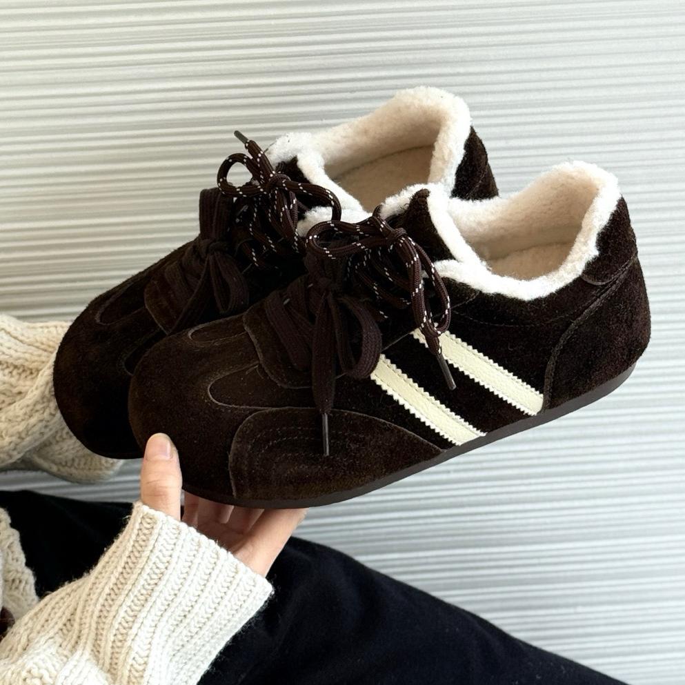 Leather velvet shoes women s new winter round head lace-up thickened warm and non-slip casual cotton shoes 40