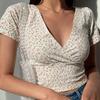 Summer French Retro Floral V-neck Short-sleeved T-shirt Slim Slimming Wild High Waist T-shirt Women's Top