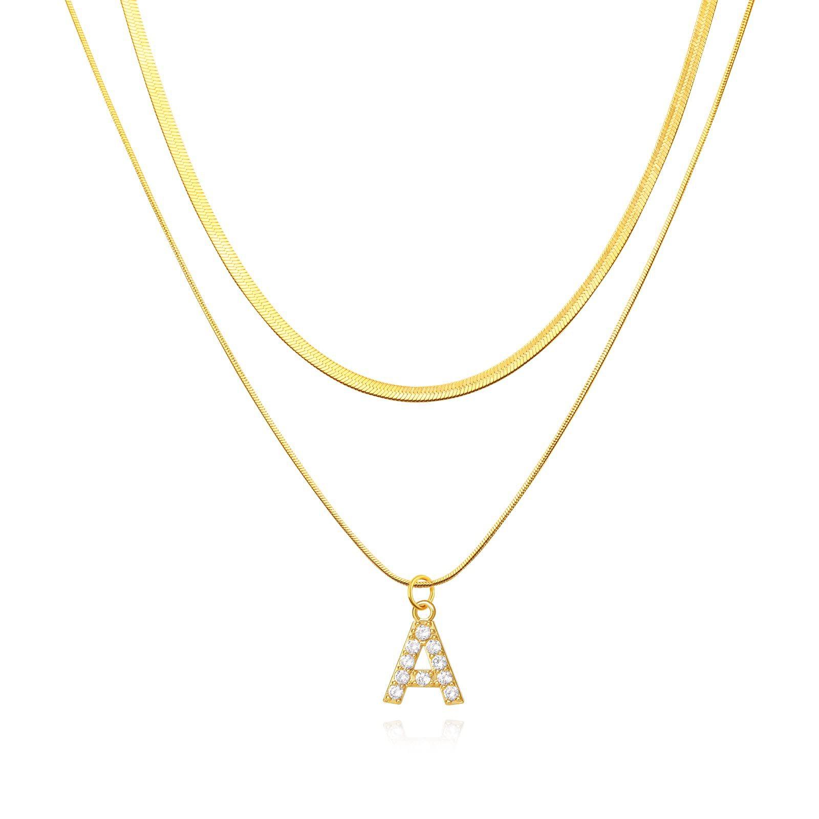 European and American 26-letter snake bone chain double-layer necklace exquisite full diamond zircon letter pendant light luxury collarbone chain