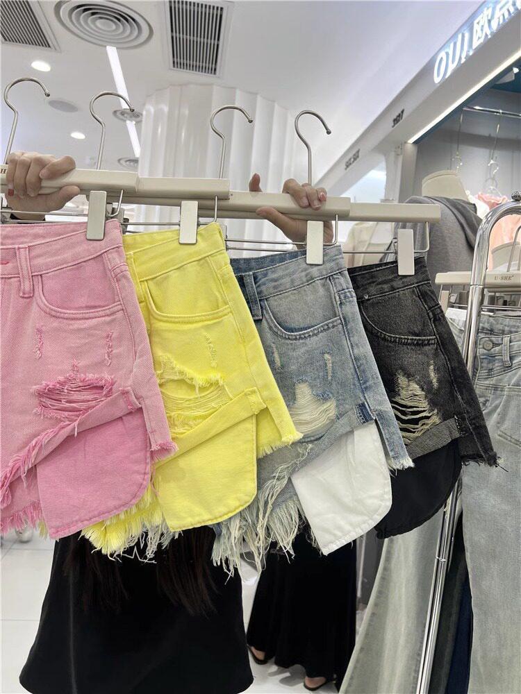 Summer 2026 American Pink Ripped Denim Shorts - Korean Style Wide-Leg A-line Hot Pants