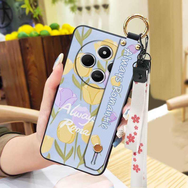 Silicone Soft case Phone Case For Redmi A4 5G Wrist Strap Ring Kickstand Flower Anti-dust Lanyard Phone Holder Durable