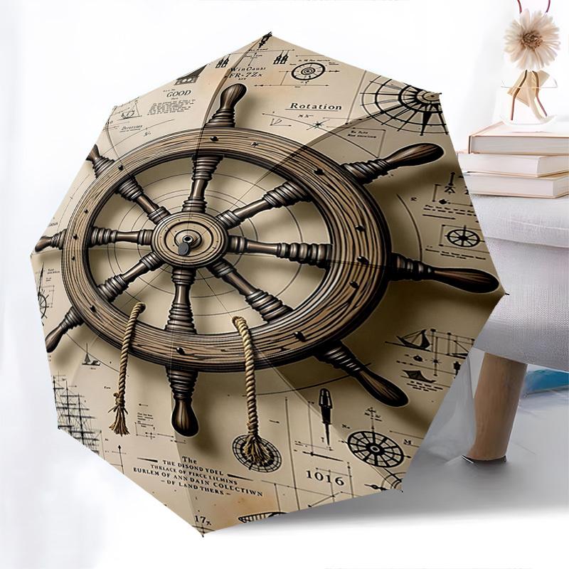 Nautical Wheel, Compass Themed Automatic Opening and Closing Umbrella, Brightly Colored 8-rib Portable Umbrella, Suitable for Men and Women,