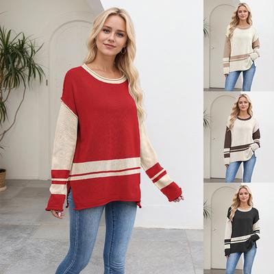 Ladies Autumn Winter Long Sleeve Round Collar Color Block Pullover Warm Knitted Sweater Knitwear Top