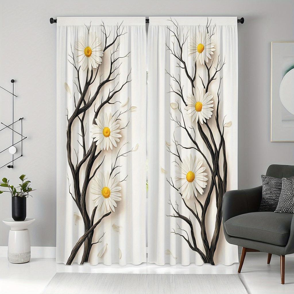 Black Twig Daisy Flower Pattern Curtains Polyester Fabric Suitable Bedroom Living Room Decoration Curtain Made Of Washable Area Ready