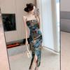 Summer New New Chinese Style Zen Retro Fragrant Cloud Satin Tube Top Waist Thin Suspender Medium and Long Dress