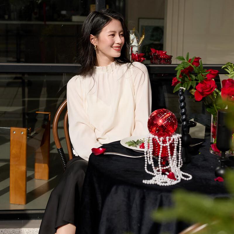 SanCai Women's Elegant Stand-Up Collar Lantern Sleeve Blouse